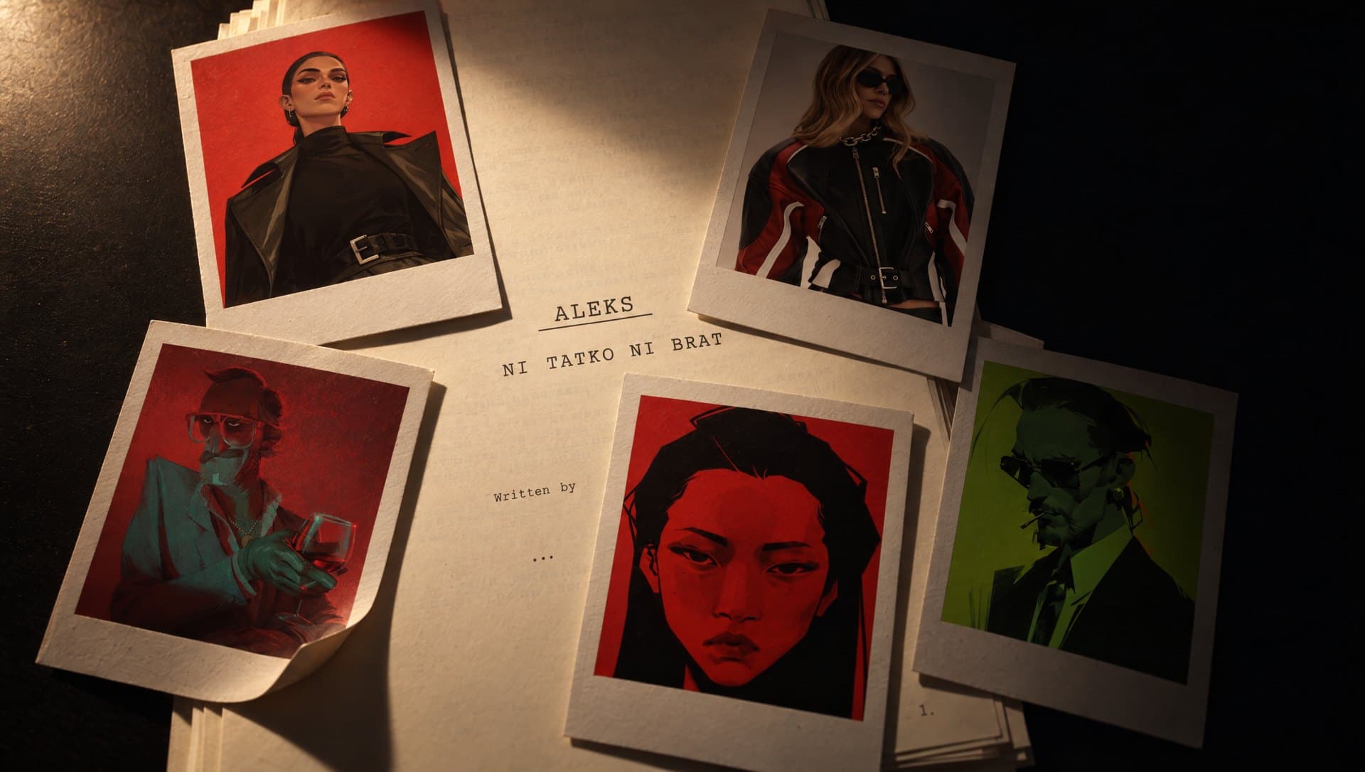 Five instant prints scattered over the typed script