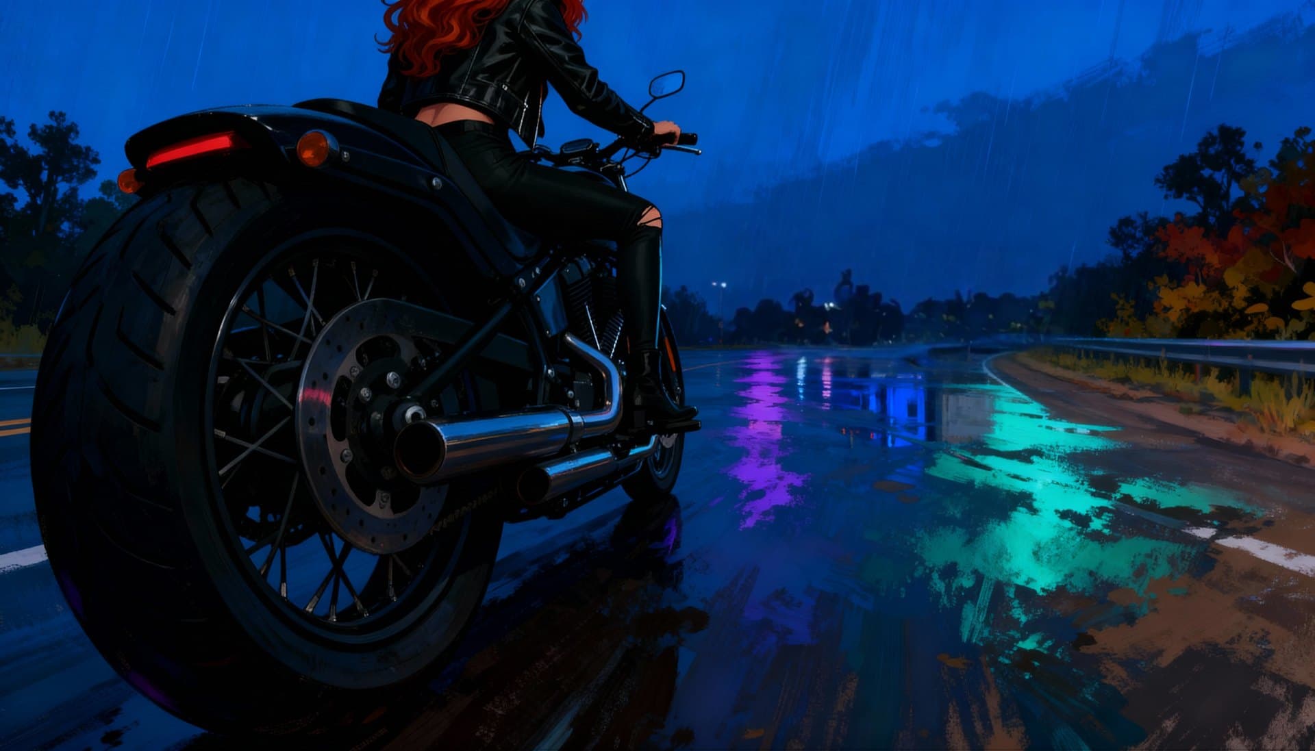 The heroine on a motorcycle in the rain, seen from behind